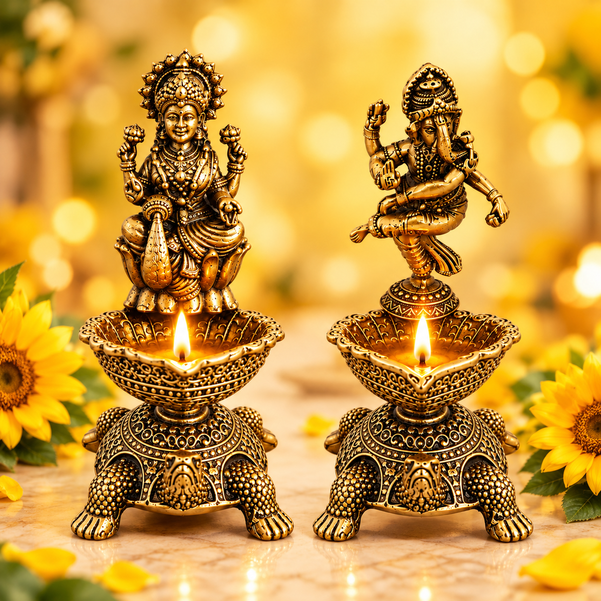 The Indian Aura Pure Brass Laxmi Ganesha Pair Diya Oil Lamp Holder For Gifting | Premium Religious Gift for Housewarming, Wedding, Diwali, Dhanteras & Anniversary | Antique Gold Finish, Traditional Pooja Room & Home Temple Decor