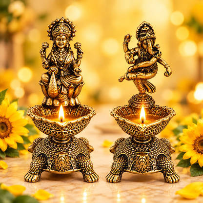 The Indian Aura Pure Brass Laxmi Ganesha Pair Diya Oil Lamp Holder For Gifting | Premium Religious Gift for Housewarming, Wedding, Diwali, Dhanteras & Anniversary | Antique Gold Finish, Traditional Pooja Room & Home Temple Decor