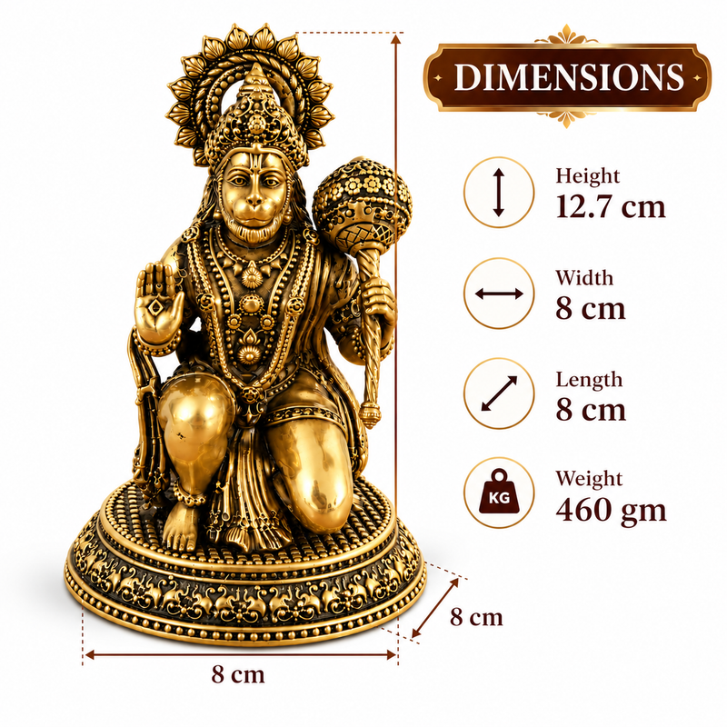 Antique Brass Hanuman Idol for Home Temple & Pooja Room | Handcrafted Lord Hanuman Statue for Home Décor, Office, Mandir & Gifting | The Indian Aura