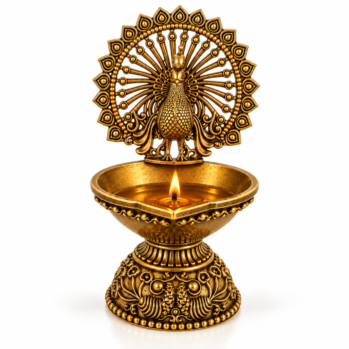 Antique Brass Peacock Diya  for Pooja Room, Mandir & Home Temple Décor | Traditional Oil Lamp for Diwali, Puja & Gifting| The Indian Aura