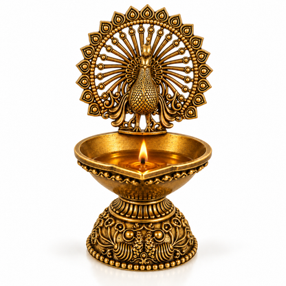 Antique Brass Peacock Diya  for Pooja Room, Mandir & Home Temple Décor | Traditional Oil Lamp for Diwali, Puja & Gifting| The Indian Aura