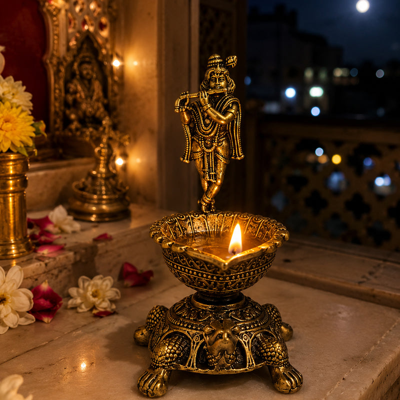 Brass Lord Venkateswara Diya with Turtle Base | Antique Finish, Pure Brass, 8.8cm Height, Pooja & Temple Decor, Deepam Oil Lamp (Copy)