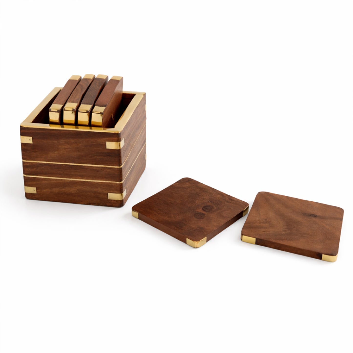 Handcrafted Sheesham Wood Box Coaster Set with Brass Corners – 3 Inch Square Coasters, Set of 6