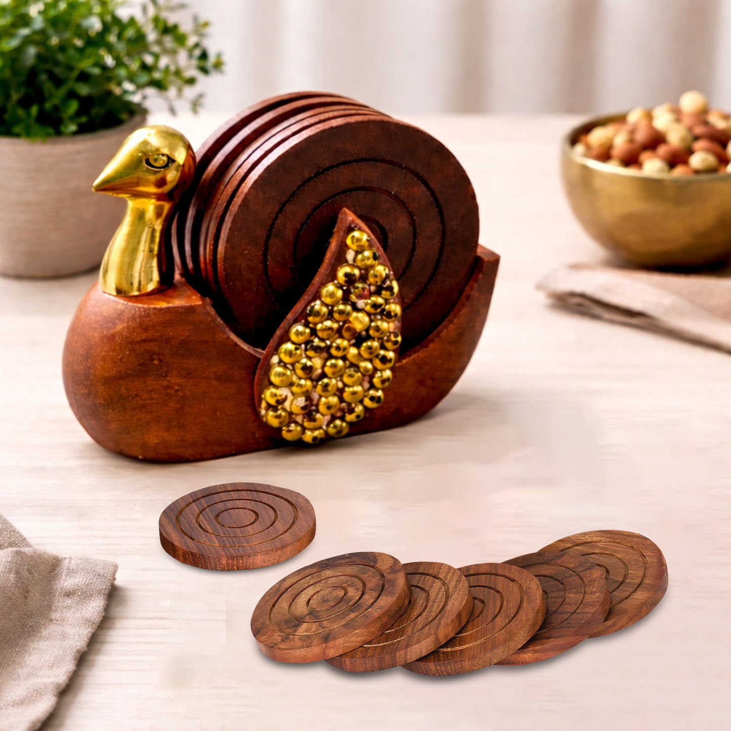Handcrafted Wooden Round Coasters with Duck Shape Holder - Set of 6