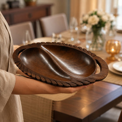 Wooden 2-Compartment Serving Tray with Handles – Handcrafted Divided Platter for Dry Fruits, Snacks, Nuts & Cookies, Sheesham Wood Decorative Serving Dish | Ideal Housewarming & Diwali Gift