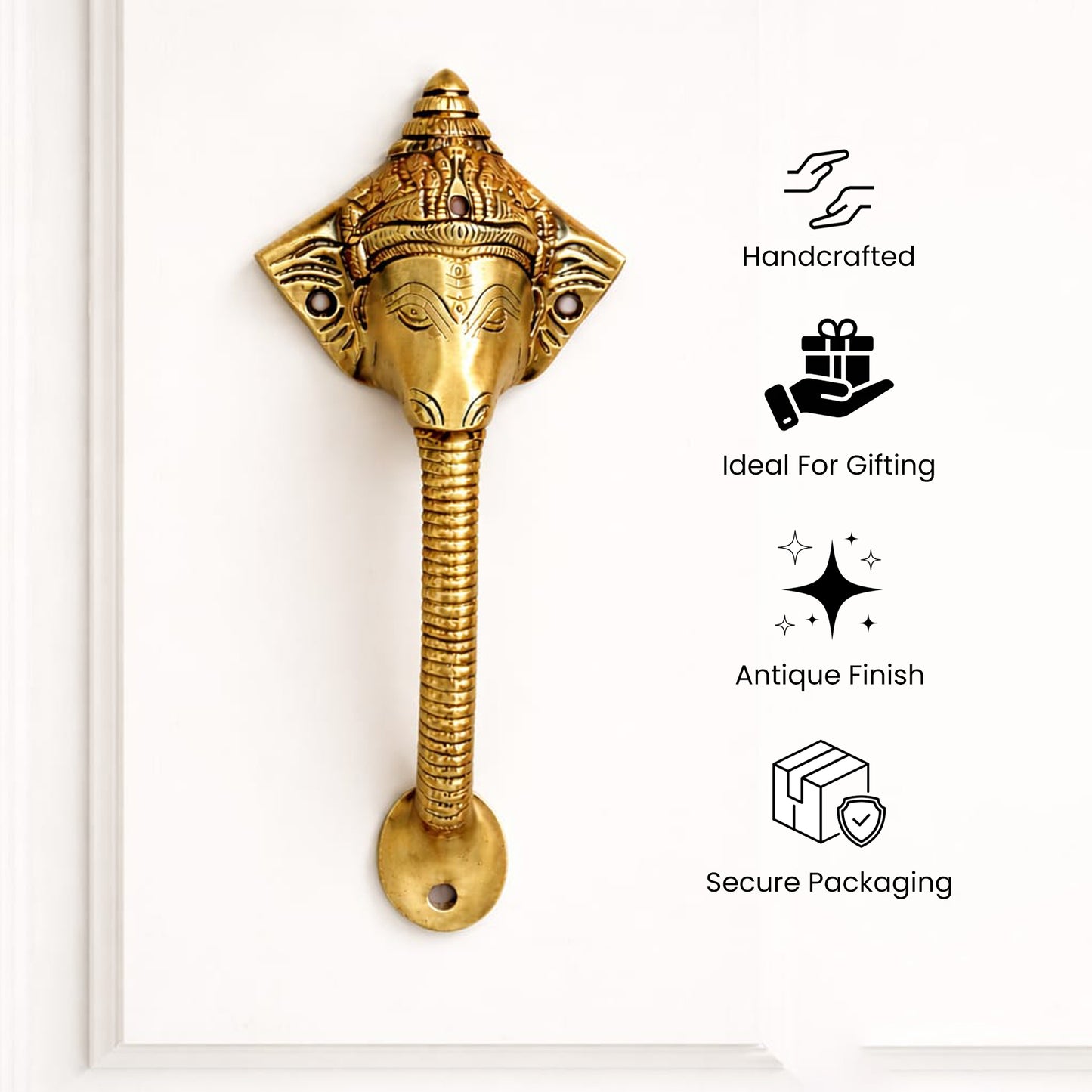 Antique Ganesha Brass Door Handle with Brown Crown – Vintage Indian Design