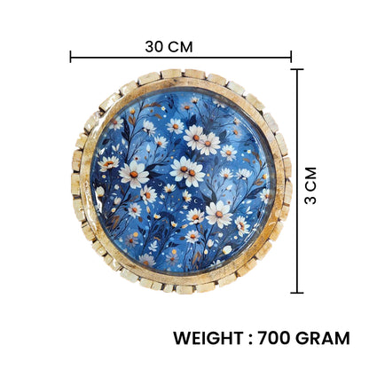 Rustic Round Wooden Floral Serving Tray with Resin Top – 30 cm Decorative Platter for Snacks & Tea