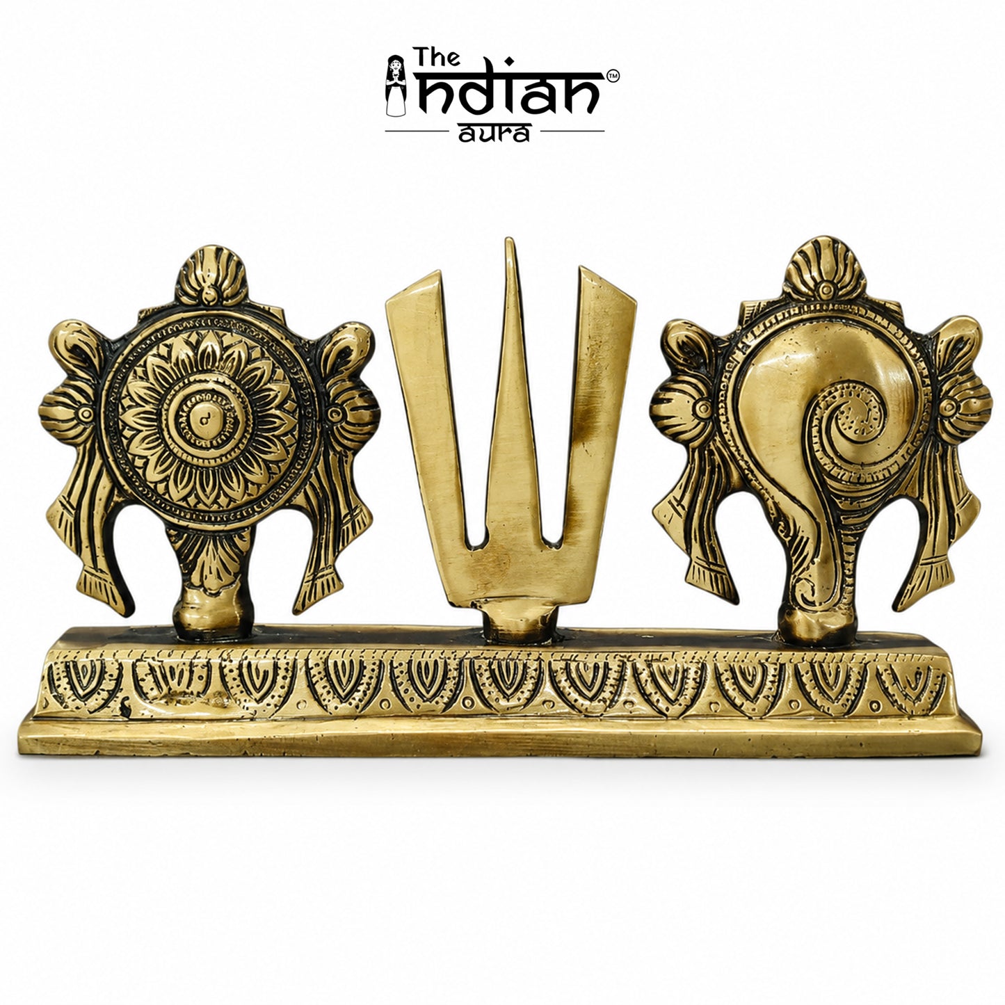 Brass Shankh Chakra Namam Statue with Stand | The Indian Aura