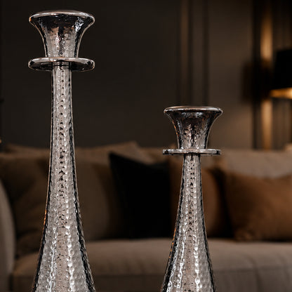 Hammered Silver Tapered Metal Candle Holder Stand Set of 2 | The Indian Aura