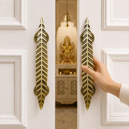 Handcrafted Leaf Design Brass Door Handle for Main Door 12inch  – Antique Finish Set-2