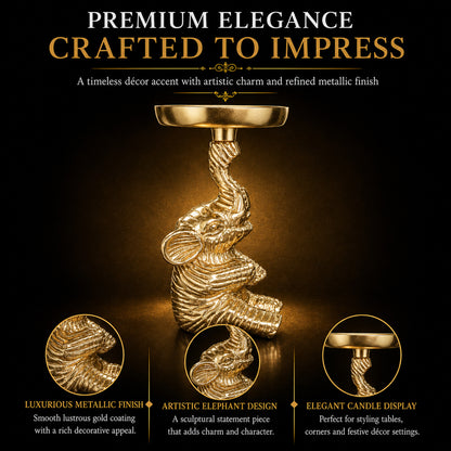 Gold Elephant Pillar Candle Holder Stand – 16 cm Decorative Metal T-Light Holder | The Indian Aura