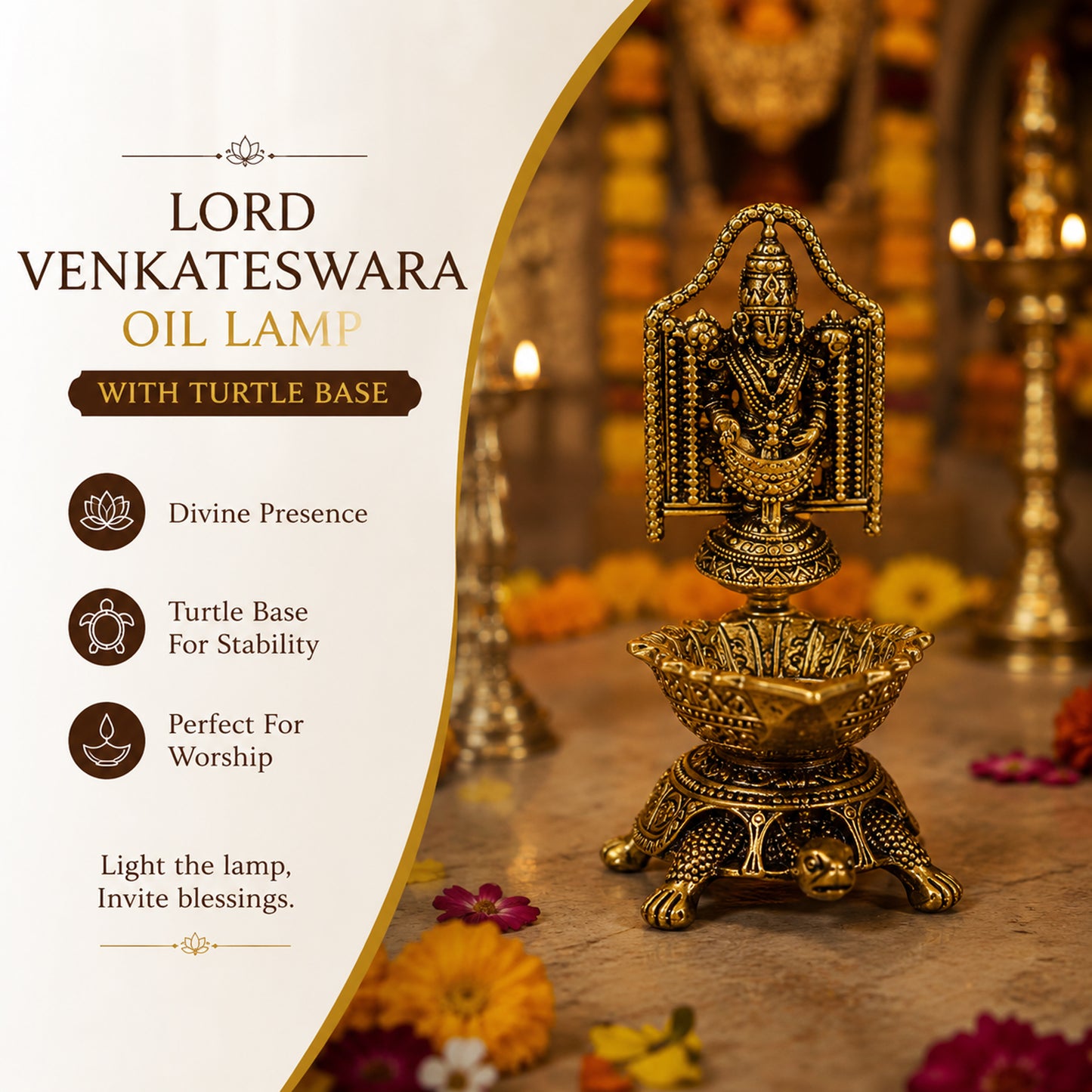 Brass Lord Venkateswara Diya with Turtle Base | Antique Finish, Pure Brass, 8.8cm Height, Pooja & Temple Decor, Deepam Oil Lamp