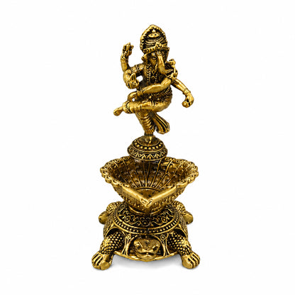 Pure Brass Dancing Ganesha Diya Oil Lamp Holder | Antique Gold Finish, Oil Lamp with Diya, Vastu Showpiece, Puja Room Decor