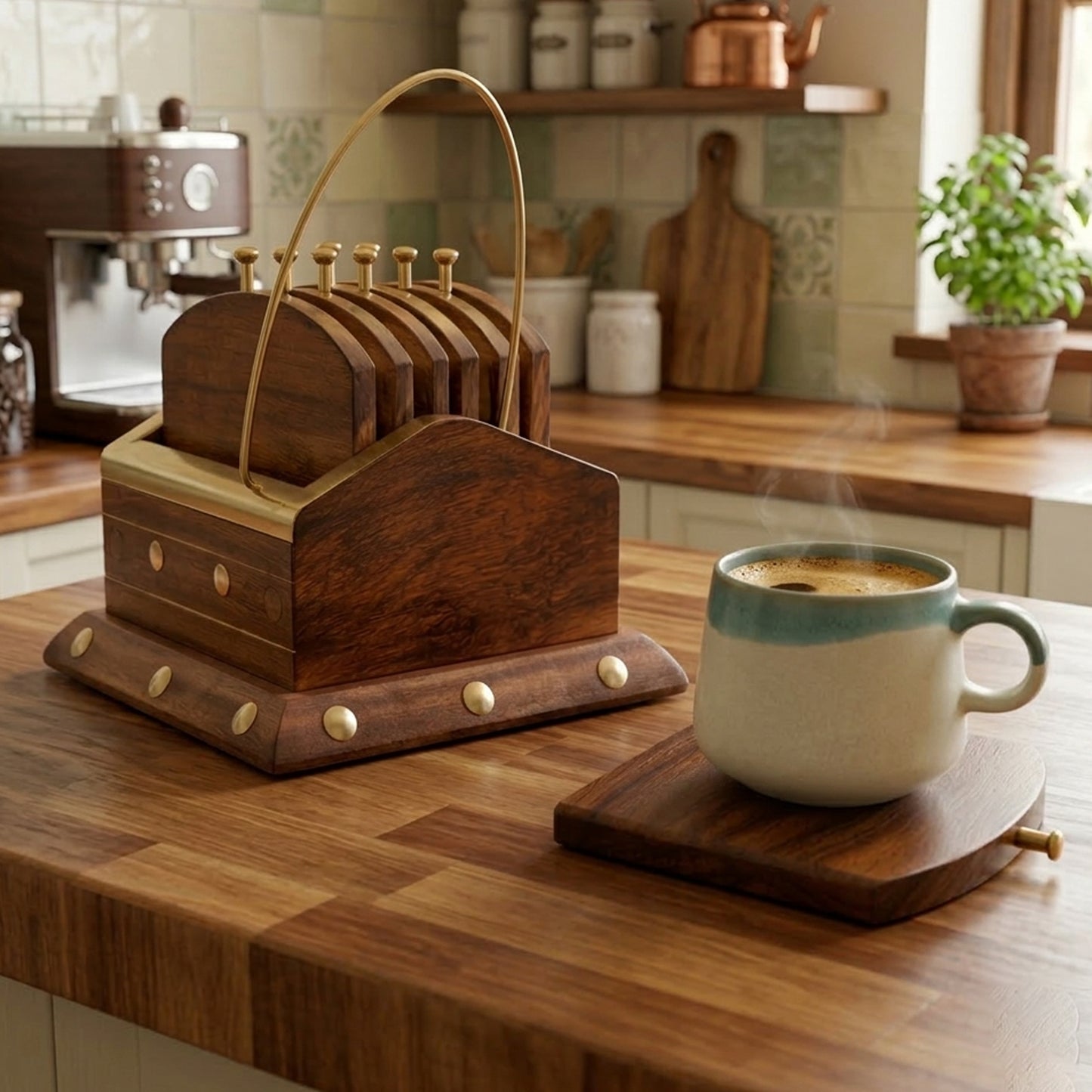 Handcrafted Sheesham Wood Coaster Set with Brass Corners & Holder – Set of 6, 2.5 Inch Drink Coasters for Tea & Coffee Cups