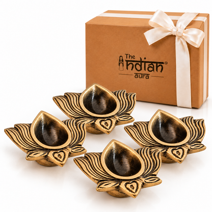 Brass Lotus Diya in Antique Finish for Gifting – Traditional Decorative Oil Lamp for Diwali Gifts, Housewarming, Wedding, Return Gifts & Puja | The Indian Aura