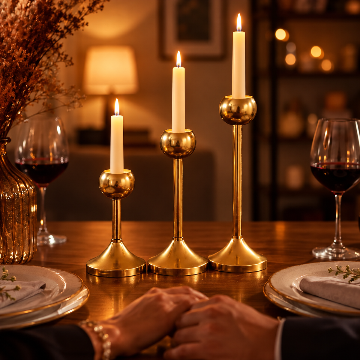 Modern Gold Metal Taper Candle Holder Stand Set of 3 – Graduated Heights | The Indian Aura