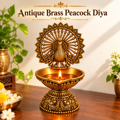 Antique Brass Peacock Diya  for Pooja Room, Mandir & Home Temple Décor | Traditional Oil Lamp for Diwali, Puja & Gifting| The Indian Aura
