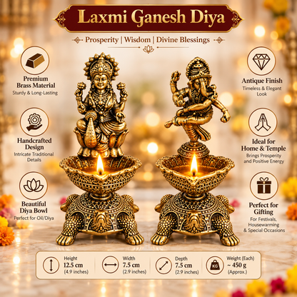 The Indian Aura Pure Brass Laxmi Ganesha Pair Diya Oil Lamp Holder For Gifting | Premium Religious Gift for Housewarming, Wedding, Diwali, Dhanteras & Anniversary | Antique Gold Finish, Traditional Pooja Room & Home Temple Decor