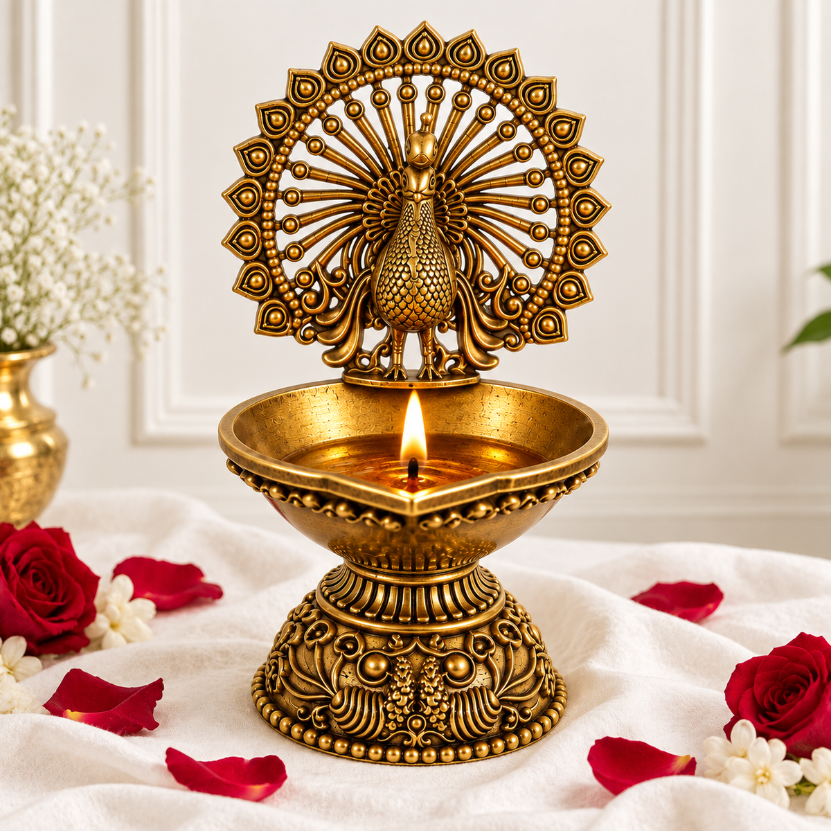 Antique Brass Peacock Diya  for Pooja Room, Mandir & Home Temple Décor | Traditional Oil Lamp for Diwali, Puja & Gifting| The Indian Aura