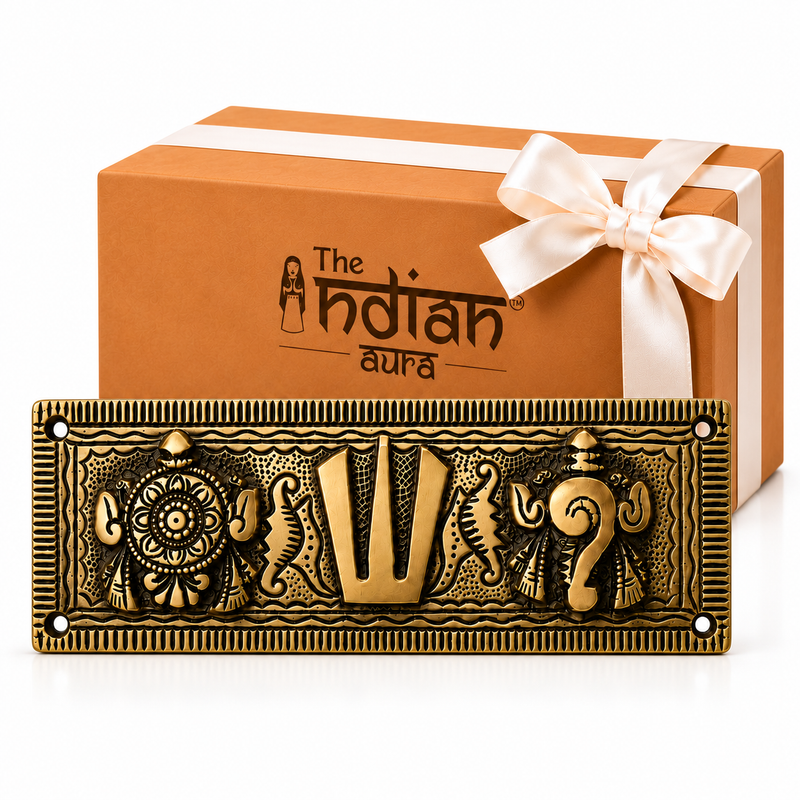 Brass Shankh Chakra Namah Vaishnav Tilak Wall Hanging | Traditional Spiritual Gift for Housewarming, Wedding, Diwali, Griha Pravesh & Festive Occasions | The Indian Aura