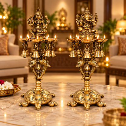 Pure Brass Laxmi Ganesha Pair Diya Stand with 7 Oil Holders – Antique Finish | The Indian Aura