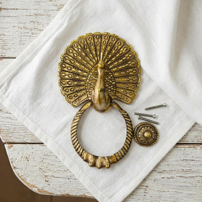 Antique Gold Finish Royal Peacock Front Door Knocker (Large Size) | The Indian Aura