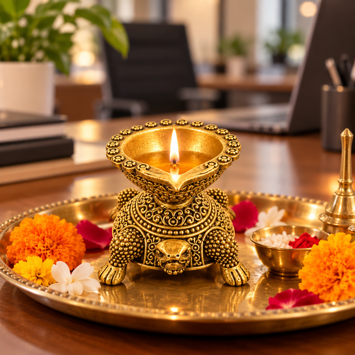 Handcrafted Antique Brass Turtle Diya for Pooja | Traditional Brass Tortoise Oil Lamp | Kachua Deepak for Mandir, Home Decor, Diwali & Vastu | The Indian Aura