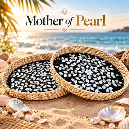 Handcrafted Mother of Pearl Oval Black Tray Set of 2 with Natural Jute Border – Decorative, Serving & Gifting Trays