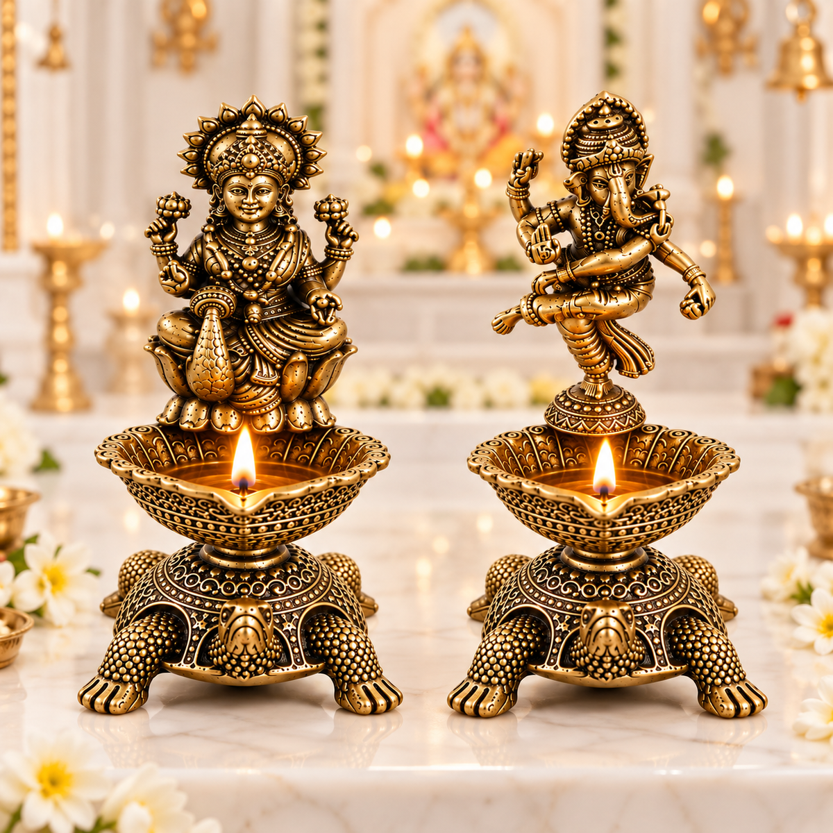 Pure Brass Laxmi Ganesha Pair Diya Oil Lamp Holder | Antique Gold Finish, Diya, Vastu Show piece, Puja Room Decor | The Indian Aura