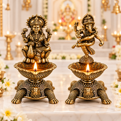 Pure Brass Laxmi Ganesha Pair Diya Oil Lamp Holder | Antique Gold Finish, Diya, Vastu Show piece, Puja Room Decor | The Indian Aura