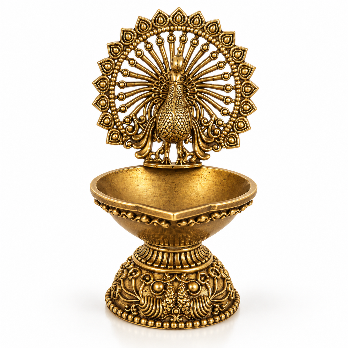 Antique Brass Peacock Diya  for Pooja Room, Mandir & Home Temple Décor | Traditional Oil Lamp for Diwali, Puja & Gifting| The Indian Aura