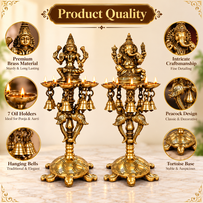 Pure Brass Laxmi Ganesha Pair Diya Stand with 7 Oil Holders – Antique Finish | The Indian Aura