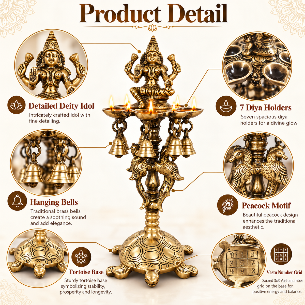 Brass Laxmi Diya Stand with 7 Oil Holders | Antique Finish Pooja Lamp with Hanging Bells, Peacock Design & Tortoise Base for Home Temple, Decor & Gifting | The Indian Aura