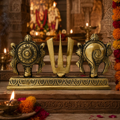 Brass Shankh Chakra Namam Statue with Stand | The Indian Aura