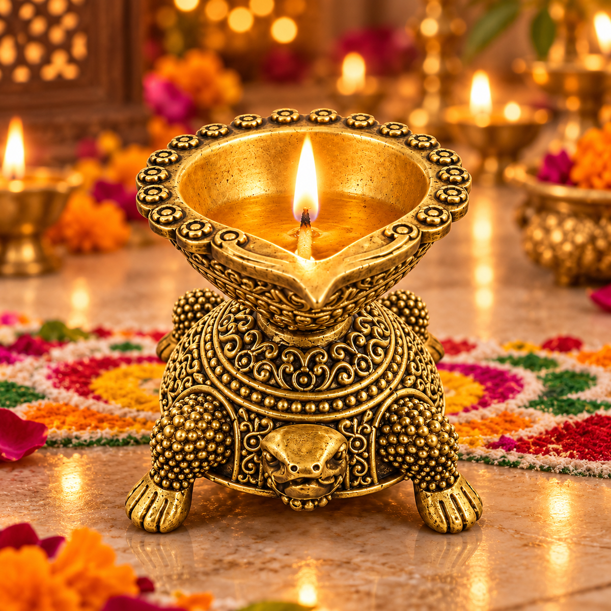 Handcrafted Antique Brass Turtle Diya for Pooja | Traditional Brass Tortoise Oil Lamp | Kachua Deepak for Mandir, Home Decor, Diwali & Vastu | The Indian Aura