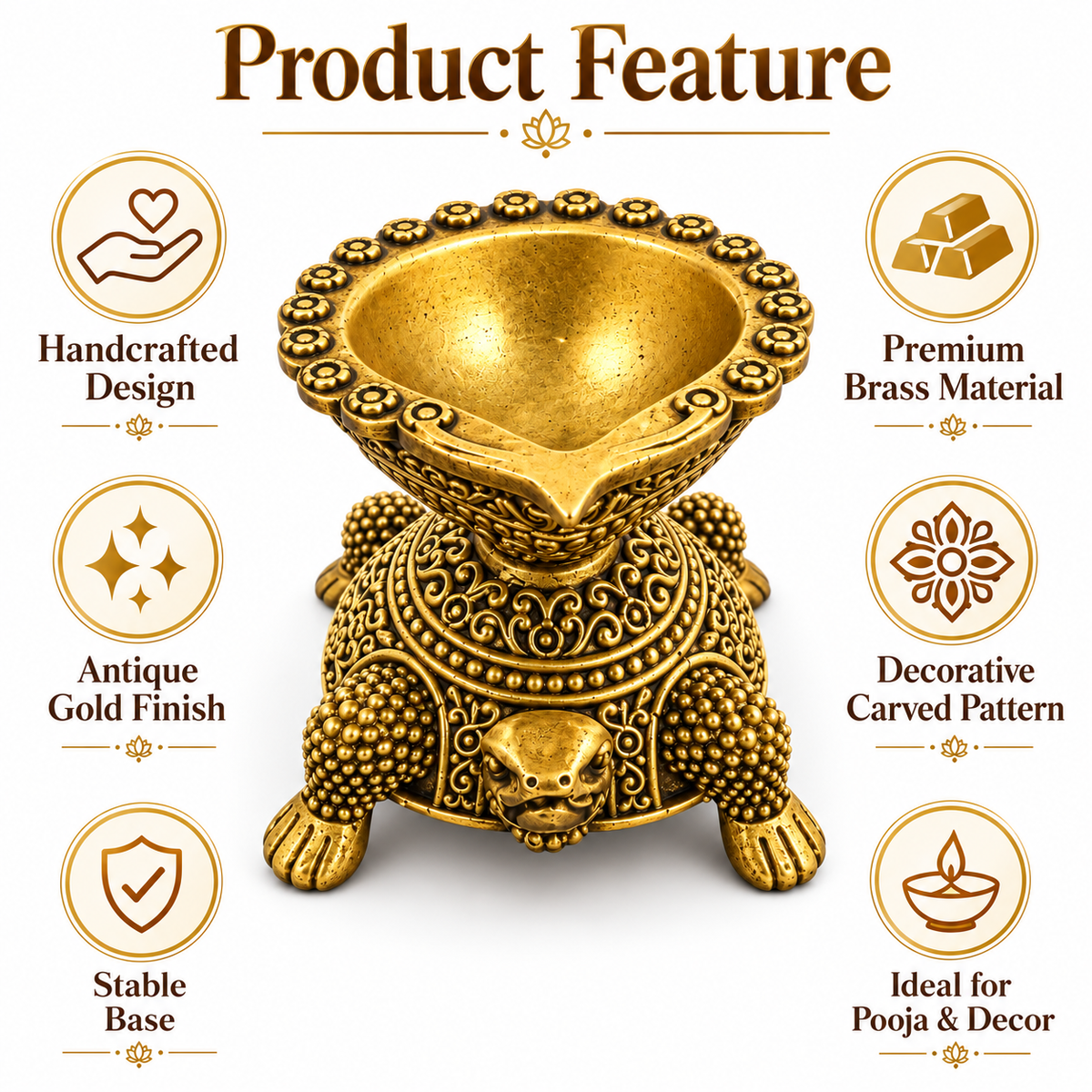 Handcrafted Antique Brass Turtle Diya for Pooja | Traditional Brass Tortoise Oil Lamp | Kachua Deepak for Mandir, Home Decor, Diwali & Vastu | The Indian Aura