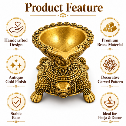 Handcrafted Antique Brass Turtle Diya for Pooja | Traditional Brass Tortoise Oil Lamp | Kachua Deepak for Mandir, Home Decor, Diwali & Vastu | The Indian Aura