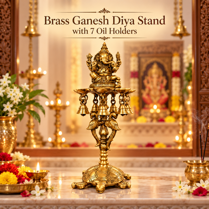 Brass Ganesh Diya Stand with 7 Oil Holders | Antique Finish Pooja Lamp with Hanging Bells, Peacock Design & Tortoise Base for Home Temple, Decor & Gifting | The Indian Aura