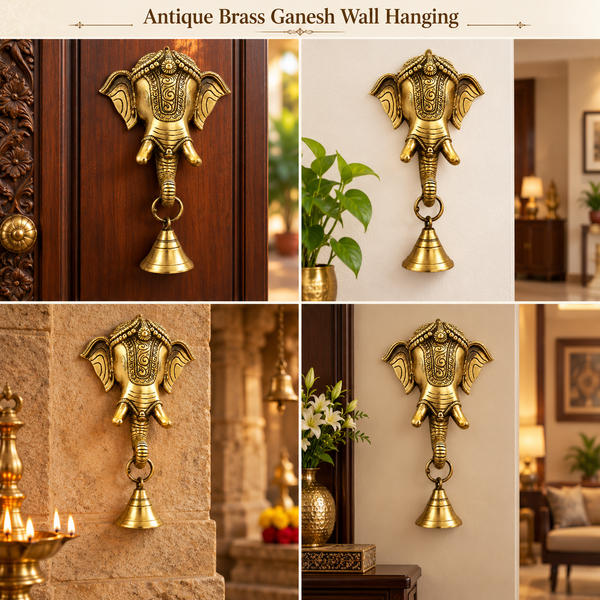 Antique Gold Pure Brass Ganesh Wall Hanging with Decorative Bell for Divine Home Décor | The Indian Aura