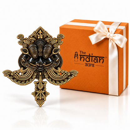 The Indian Aura Pure Brass Kirtimukh Nazar Battu Hanging with Premium Gift Box | Antique Gold & Black Finish | Traditional Good Luck Gift for Housewarming, Diwali, Wedding & Festive Gifting | Home & Main Door Decor