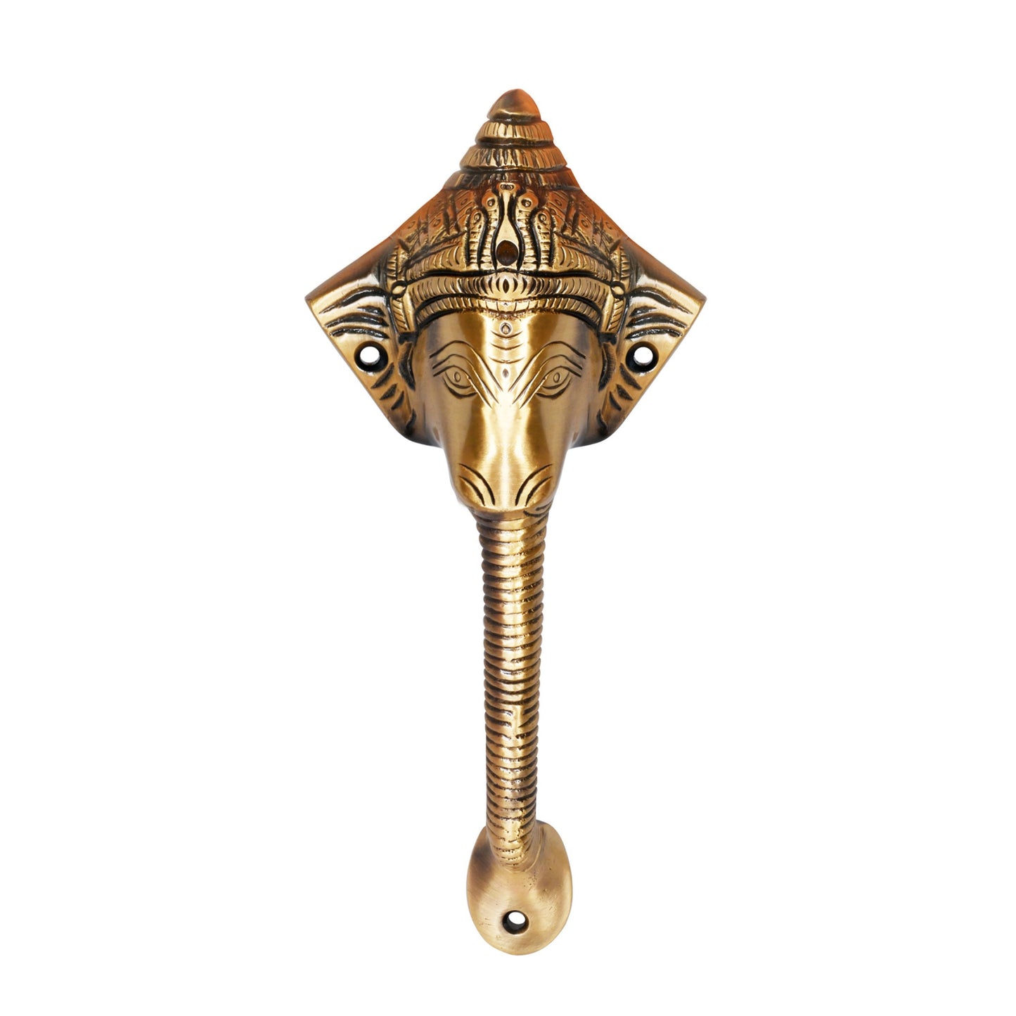 Antique Ganesha Brass Door Handle with Brown Crown – Vintage Indian Design