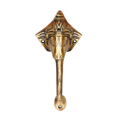 Antique Ganesha Brass Door Handle with Brown Crown – Vintage Indian Design