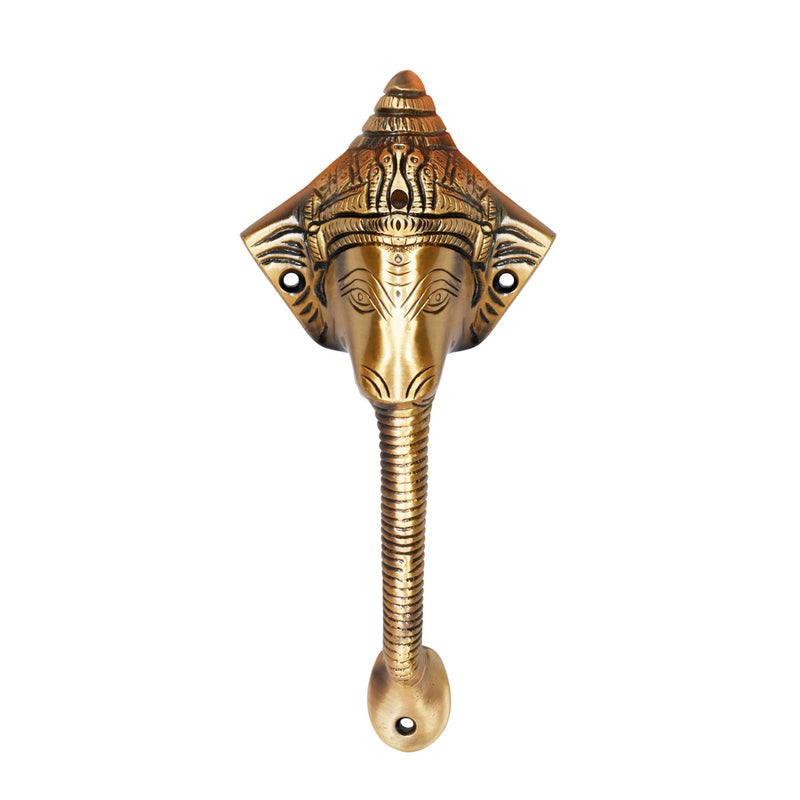 Antique Ganesha Brass Door Handle with Brown Crown – Vintage Indian Design