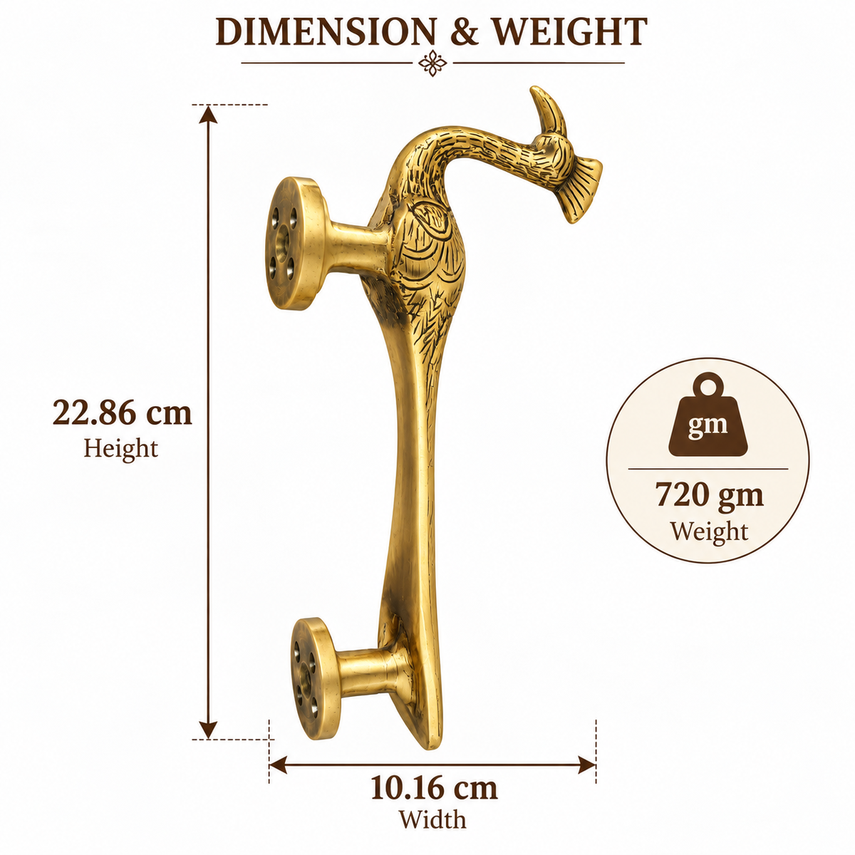 Handcrafted Peacock Brass Door Handle Pair – Antique Gold Finish, Elegant Traditional Design for Main Door.