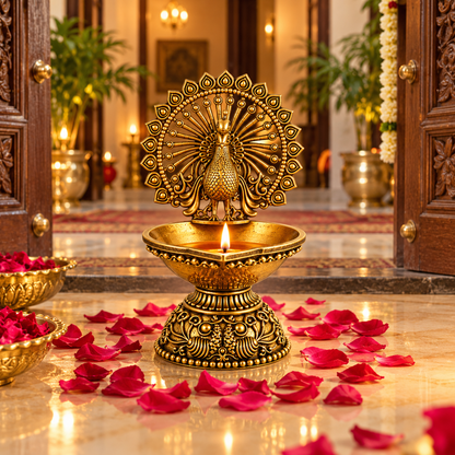 Antique Brass Peacock Diya  for Pooja Room, Mandir & Home Temple Décor | Traditional Oil Lamp for Diwali, Puja & Gifting| The Indian Aura