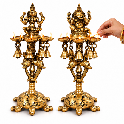 Pure Brass Laxmi Ganesha Pair Diya Stand with 7 Oil Holders – Antique Finish | The Indian Aura