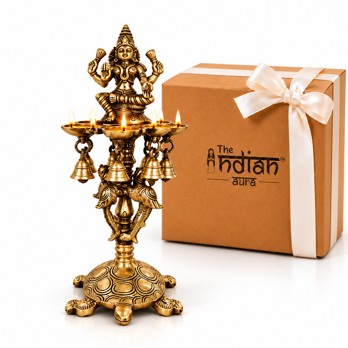 The Indian Aura Pure Brass Laxmi Diya Stand with 7 Oil Holders | Antique Finish Pooja Lamp with Hanging Bells, Peacock Design & Tortoise Base | Premium Traditional Gift for Diwali, Housewarming, Wedding, Anniversary & Festive Gifting