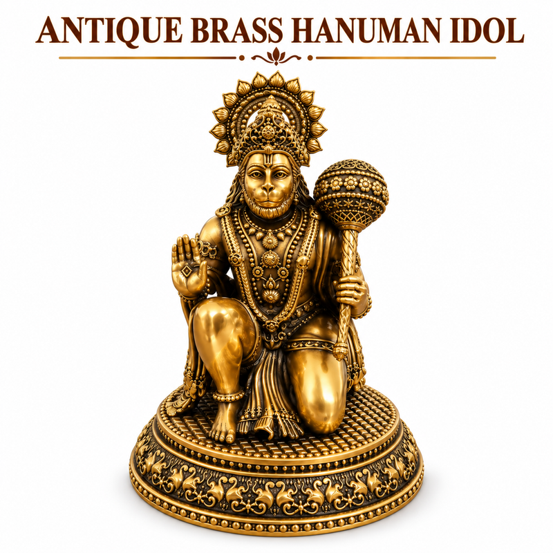 Antique Brass Hanuman Idol for Home Temple & Pooja Room | Handcrafted Lord Hanuman Statue for Home Décor, Office, Mandir & Gifting | The Indian Aura