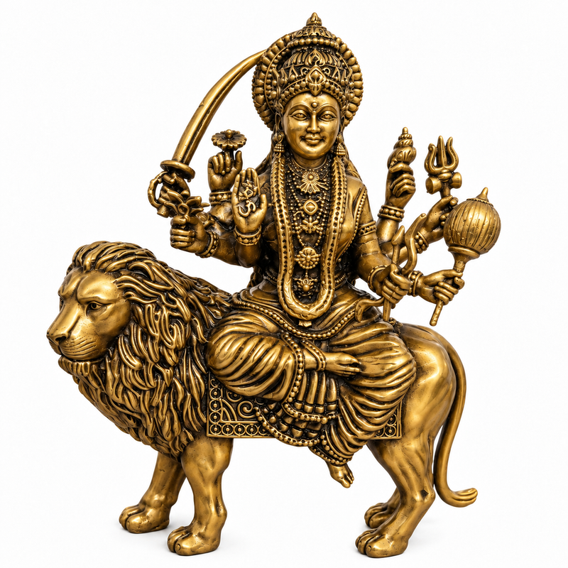 Antique Brass Maa Durga Idol for Home Temple & Pooja Room | Handcrafted Goddess Durga Statue for Mandir, Home Décor, Office Desk, Housewarming, Diwali & Spiritual Gifting | The Indian Aura