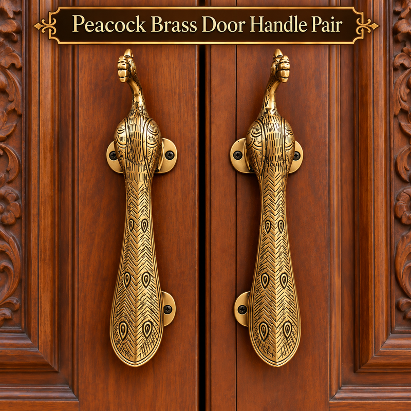 Handcrafted Peacock Brass Door Handle Pair – Antique Gold Finish, Elegant Traditional Design for Main Door.